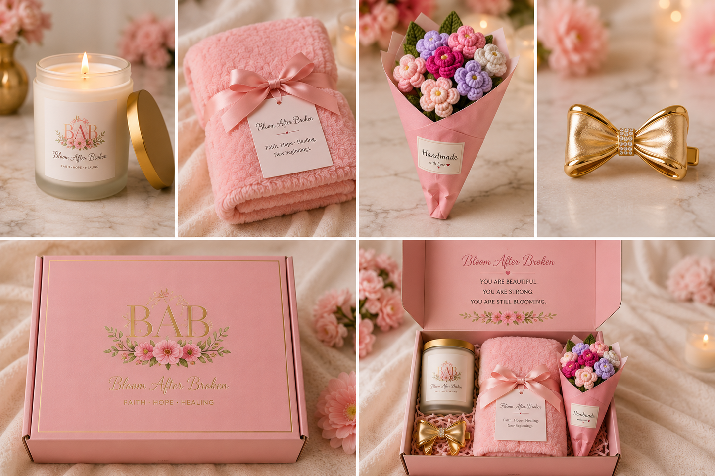 Bloom After Broken Gift Set — Candle, Blanket, Crochet Bouquet & Bow Clip