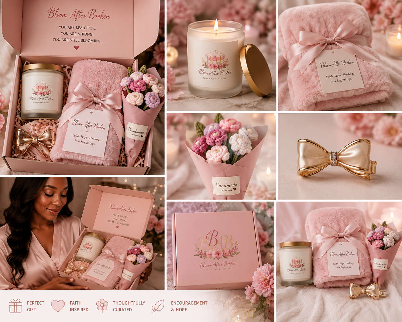 Bloom After Broken Gift Set — Candle, Blanket, Crochet Bouquet & Bow Clip