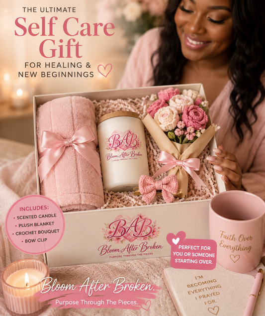 Bloom After Broken Gift Set — Candle, Blanket, Crochet Bouquet & Bow Clip